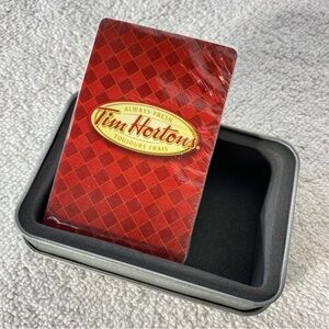Vintage Tim Hortons Red Playing Cards Deck In Silver Tone Metal Case NEW